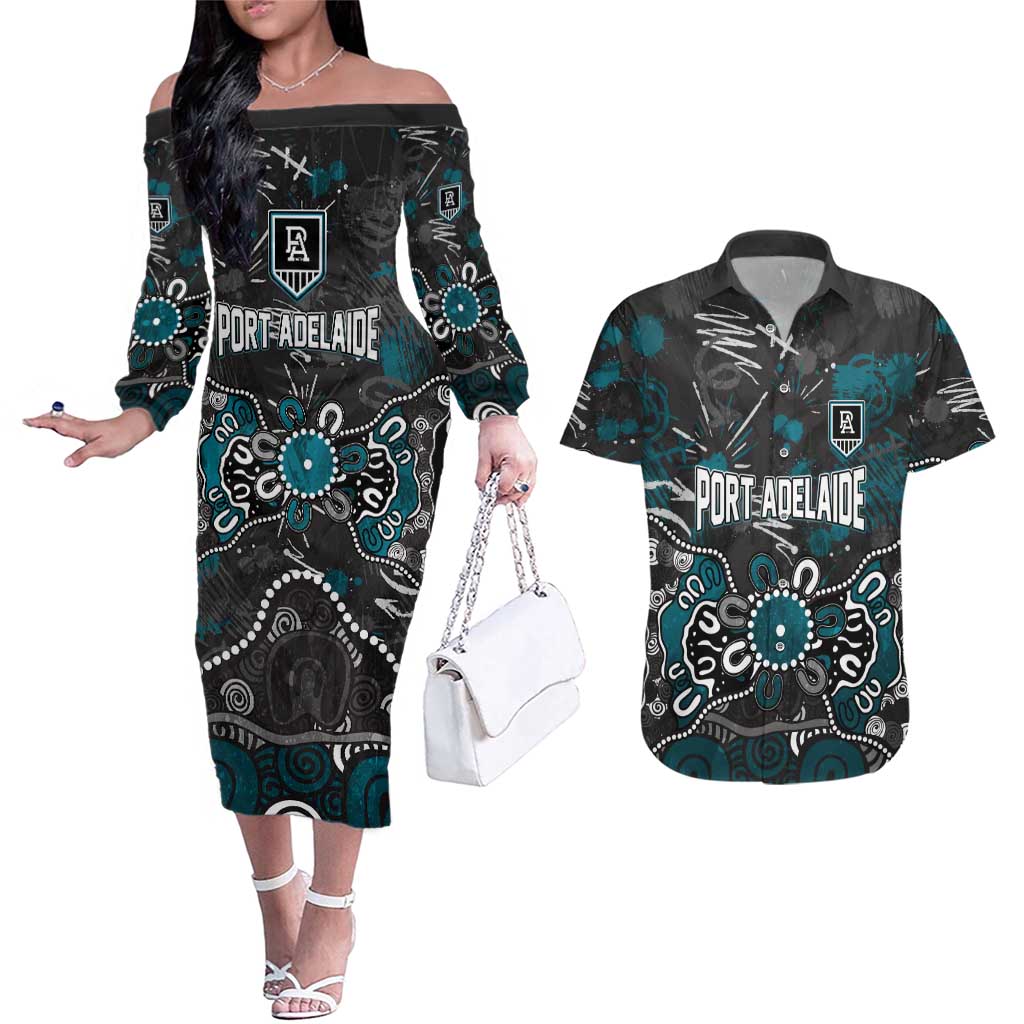 Personalized Port Adelaide Power Couples Matching Off The Shoulder Long Sleeve Dress and Hawaiian Shirt Aboriginal Dot Painting Graffiti Style