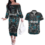 Personalized Port Adelaide Power Couples Matching Off The Shoulder Long Sleeve Dress and Hawaiian Shirt Aboriginal Dot Painting Graffiti Style