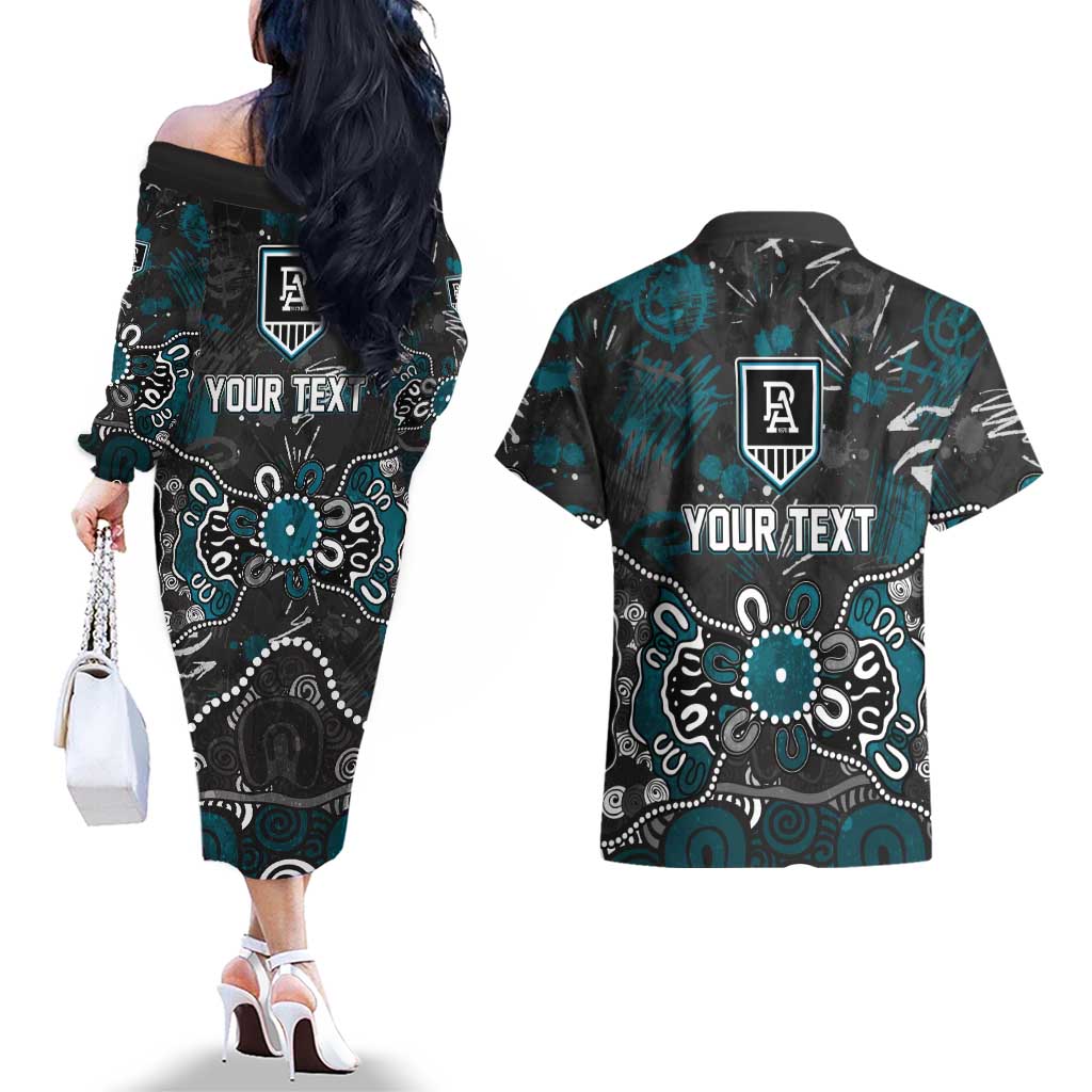 Personalized Port Adelaide Power Couples Matching Off The Shoulder Long Sleeve Dress and Hawaiian Shirt Aboriginal Dot Painting Graffiti Style