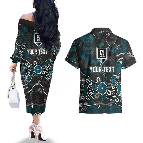 Personalized Port Adelaide Power Couples Matching Off The Shoulder Long Sleeve Dress and Hawaiian Shirt Aboriginal Dot Painting Graffiti Style