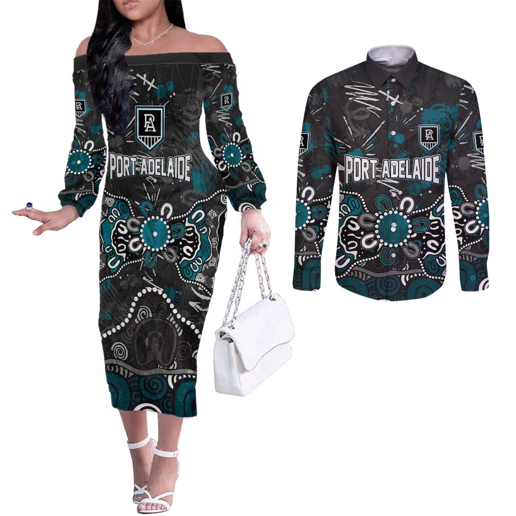 Personalized Port Adelaide Power Couples Matching Off The Shoulder Long Sleeve Dress and Long Sleeve Button Shirt Aboriginal Dot Painting Graffiti Style