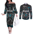 Personalized Port Adelaide Power Couples Matching Off The Shoulder Long Sleeve Dress and Long Sleeve Button Shirt Aboriginal Dot Painting Graffiti Style