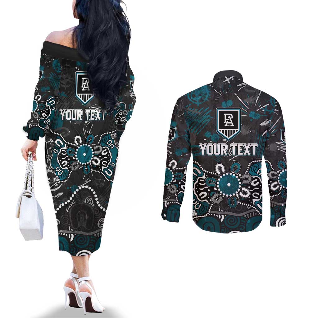 Personalized Port Adelaide Power Couples Matching Off The Shoulder Long Sleeve Dress and Long Sleeve Button Shirt Aboriginal Dot Painting Graffiti Style