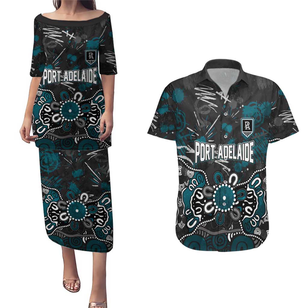 Personalized Port Adelaide Power Couples Matching Puletasi and Hawaiian Shirt Aboriginal Dot Painting Graffiti Style