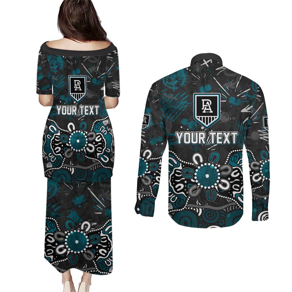 Personalized Port Adelaide Power Couples Matching Puletasi and Long Sleeve Button Shirt Aboriginal Dot Painting Graffiti Style