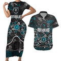 Personalized Port Adelaide Power Couples Matching Short Sleeve Bodycon Dress and Hawaiian Shirt Aboriginal Dot Painting Graffiti Style