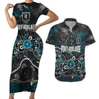 Personalized Port Adelaide Power Couples Matching Short Sleeve Bodycon Dress and Hawaiian Shirt Aboriginal Dot Painting Graffiti Style