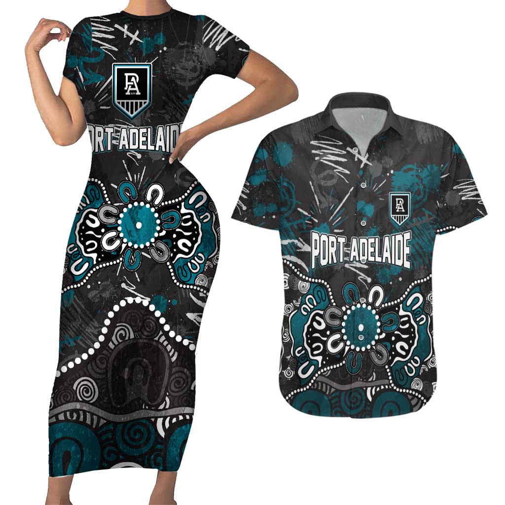 Personalized Port Adelaide Power Couples Matching Short Sleeve Bodycon Dress and Hawaiian Shirt Aboriginal Dot Painting Graffiti Style