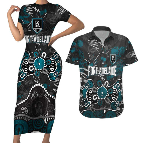Personalized Port Adelaide Power Couples Matching Short Sleeve Bodycon Dress and Hawaiian Shirt Aboriginal Dot Painting Graffiti Style