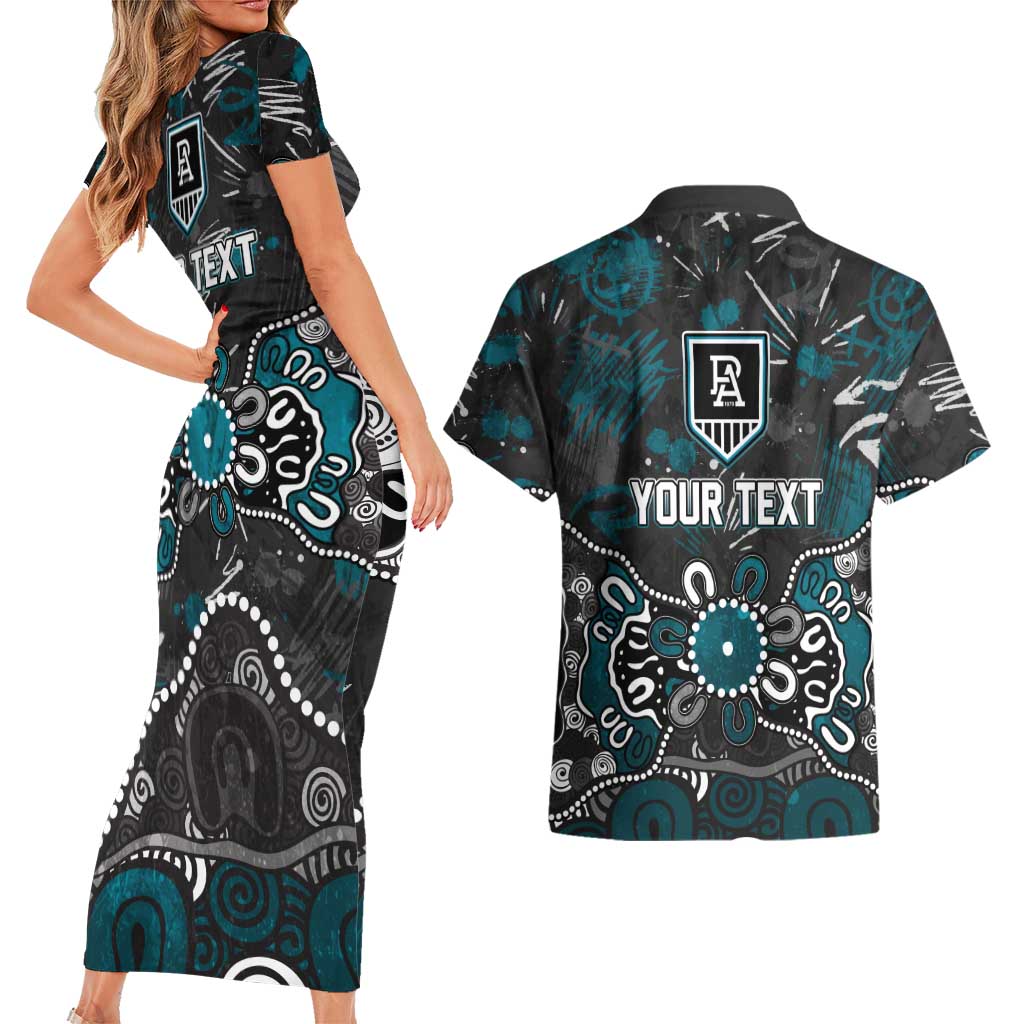 Personalized Port Adelaide Power Couples Matching Short Sleeve Bodycon Dress and Hawaiian Shirt Aboriginal Dot Painting Graffiti Style