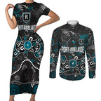 Personalized Port Adelaide Power Couples Matching Short Sleeve Bodycon Dress and Long Sleeve Button Shirt Aboriginal Dot Painting Graffiti Style