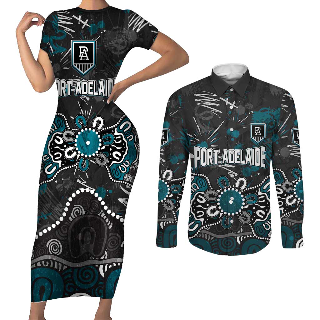 Personalized Port Adelaide Power Couples Matching Short Sleeve Bodycon Dress and Long Sleeve Button Shirt Aboriginal Dot Painting Graffiti Style