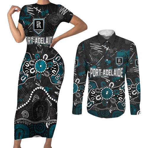 Personalized Port Adelaide Power Couples Matching Short Sleeve Bodycon Dress and Long Sleeve Button Shirt Aboriginal Dot Painting Graffiti Style