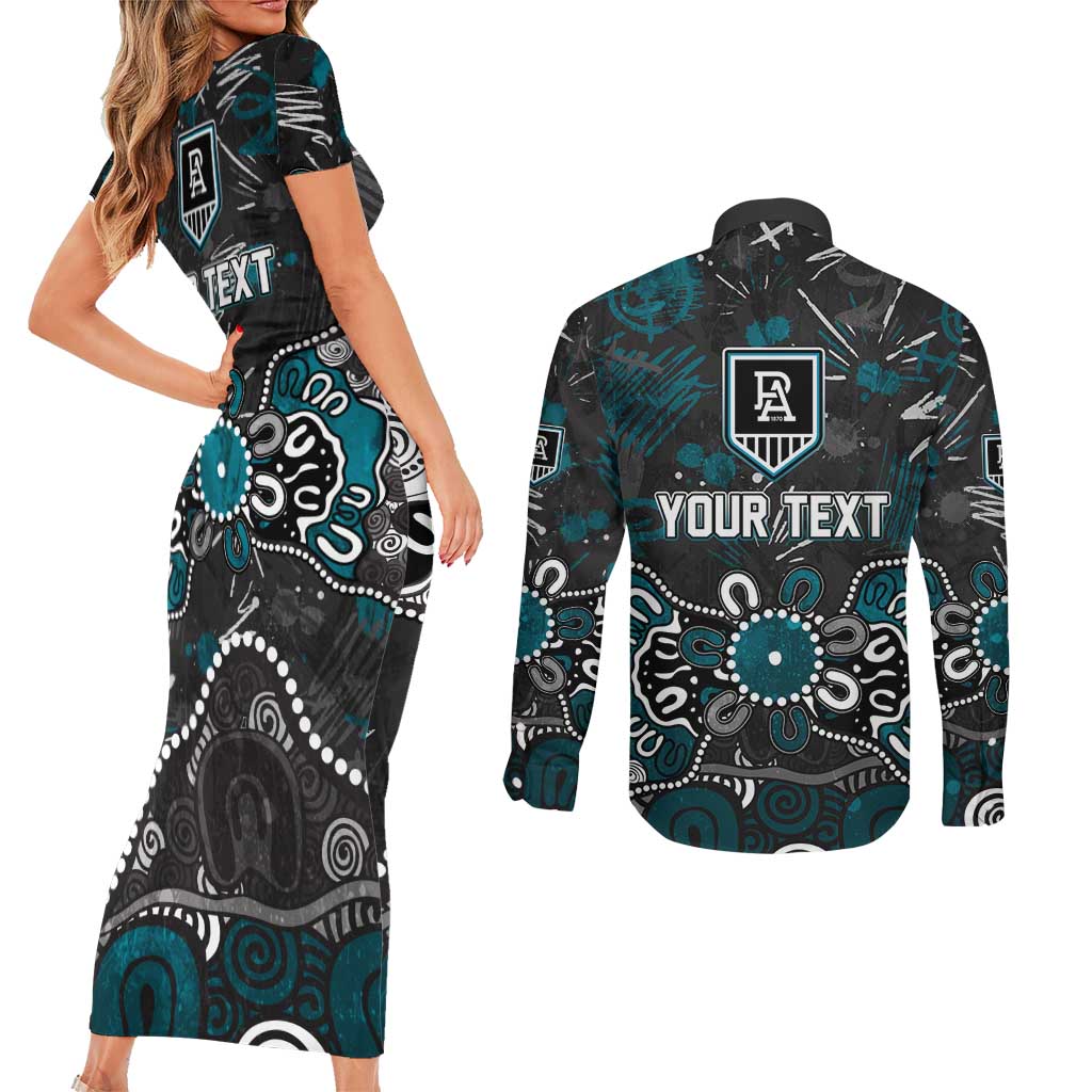 Personalized Port Adelaide Power Couples Matching Short Sleeve Bodycon Dress and Long Sleeve Button Shirt Aboriginal Dot Painting Graffiti Style