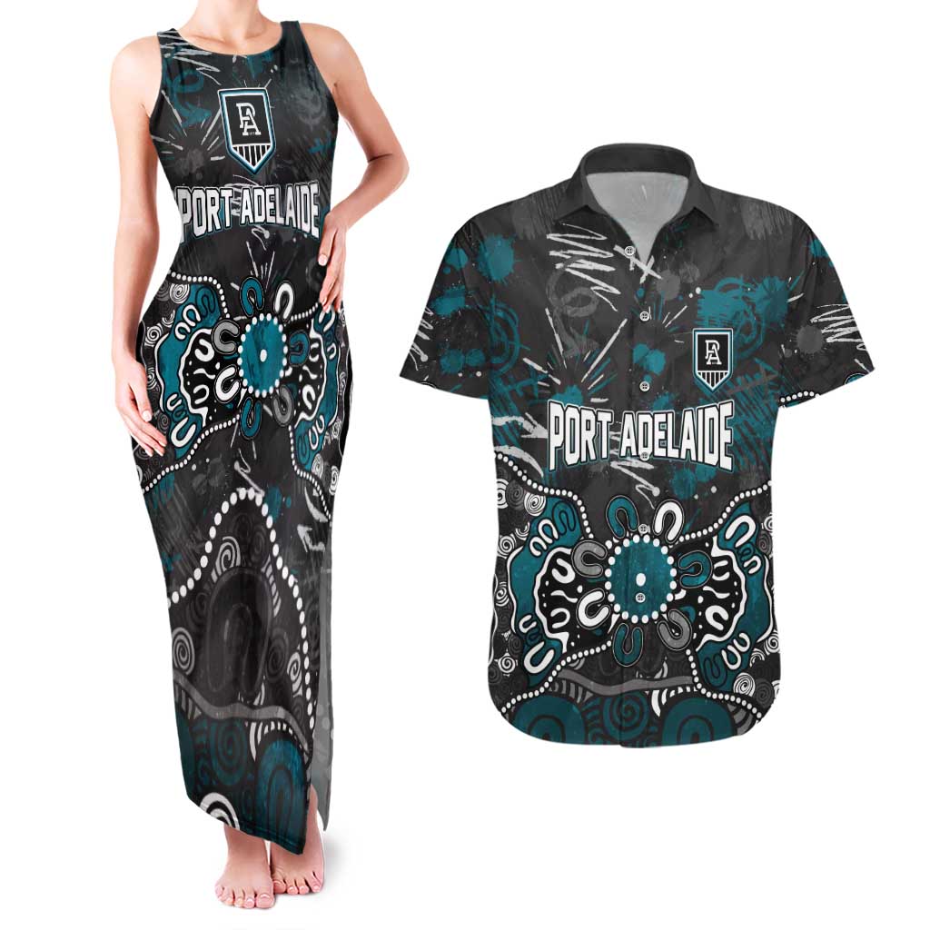 Personalized Port Adelaide Power Couples Matching Tank Maxi Dress and Hawaiian Shirt Aboriginal Dot Painting Graffiti Style
