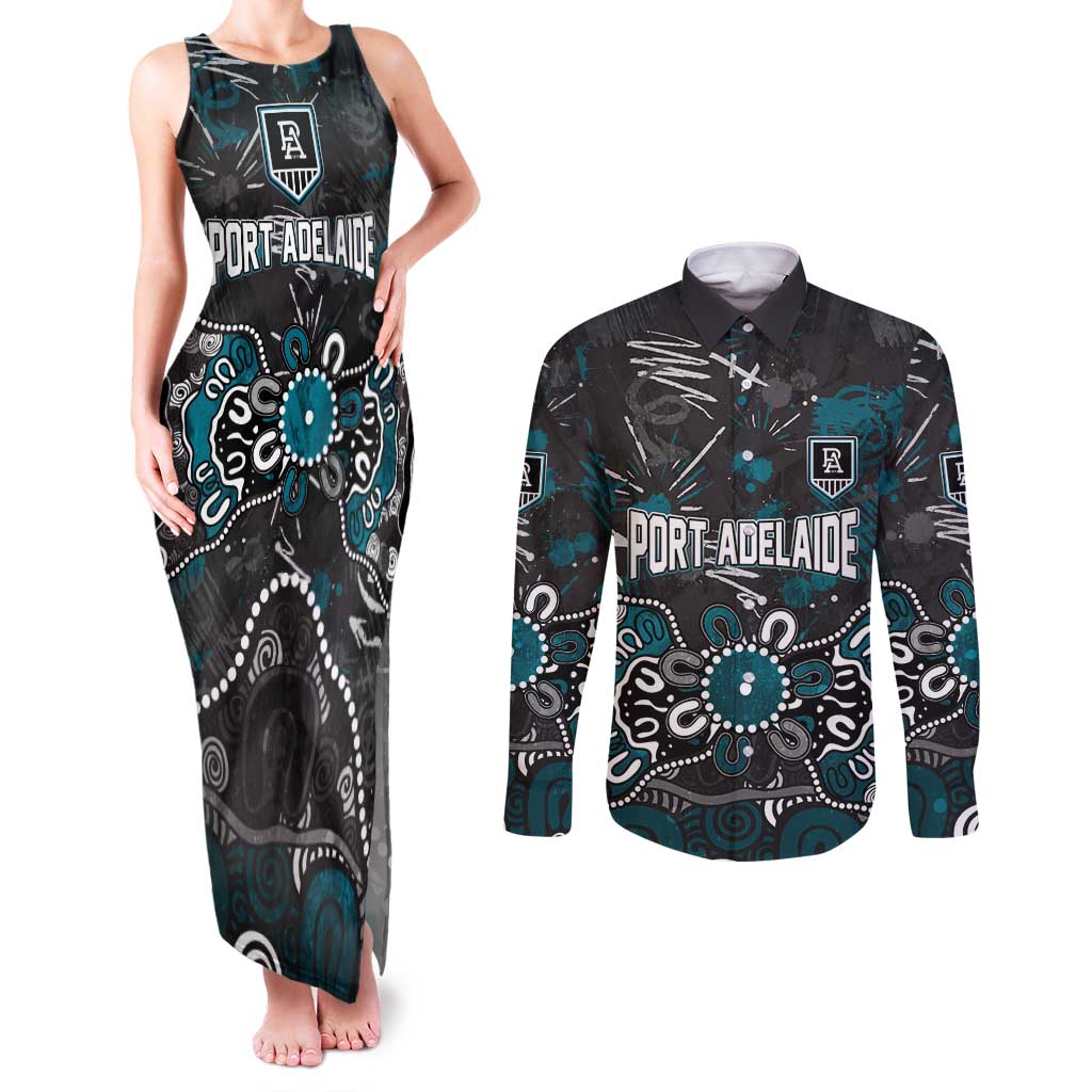 Personalized Port Adelaide Power Couples Matching Tank Maxi Dress and Long Sleeve Button Shirt Aboriginal Dot Painting Graffiti Style