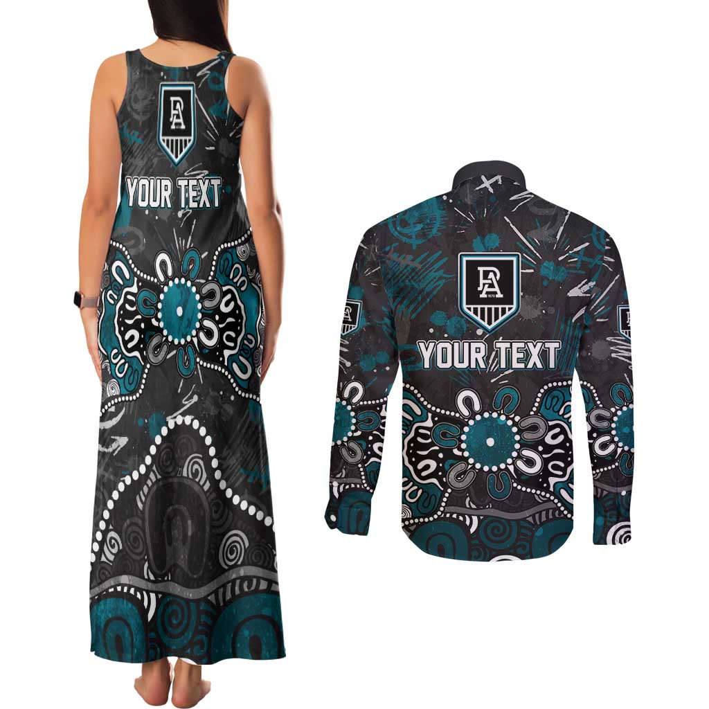 Personalized Port Adelaide Power Couples Matching Tank Maxi Dress and Long Sleeve Button Shirt Aboriginal Dot Painting Graffiti Style