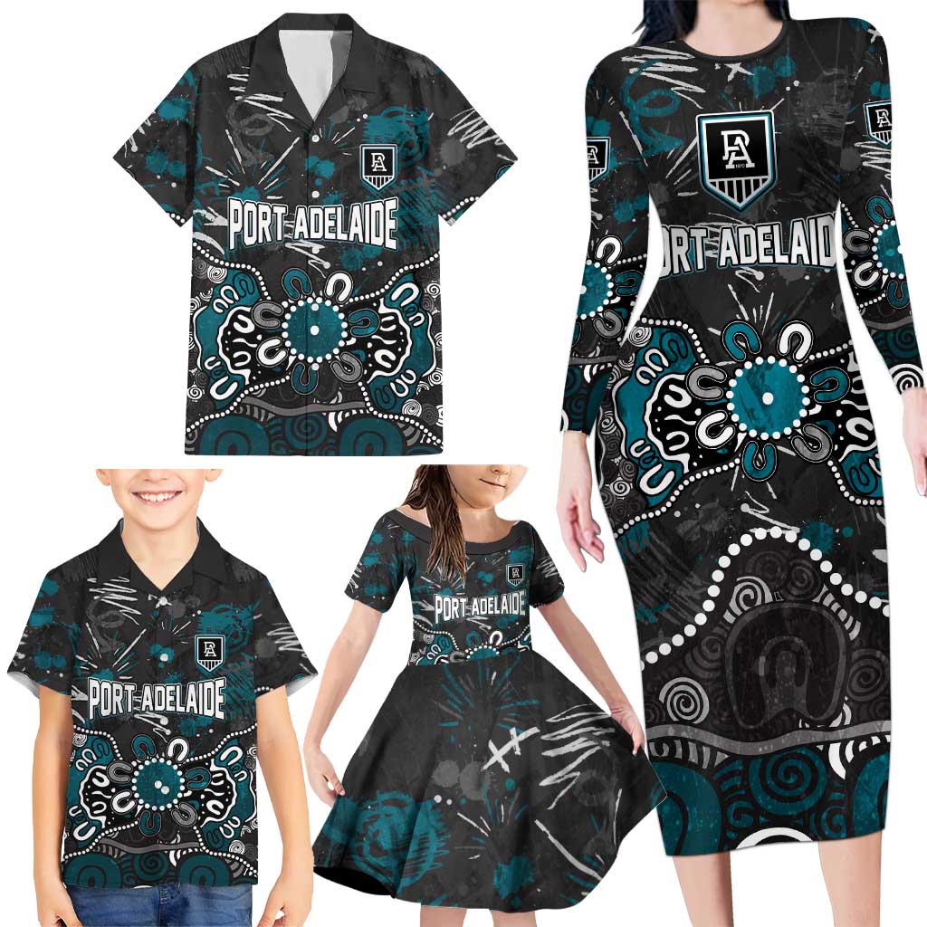 Personalized Port Adelaide Power Family Matching Long Sleeve Bodycon Dress and Hawaiian Shirt Aboriginal Dot Painting Graffiti Style