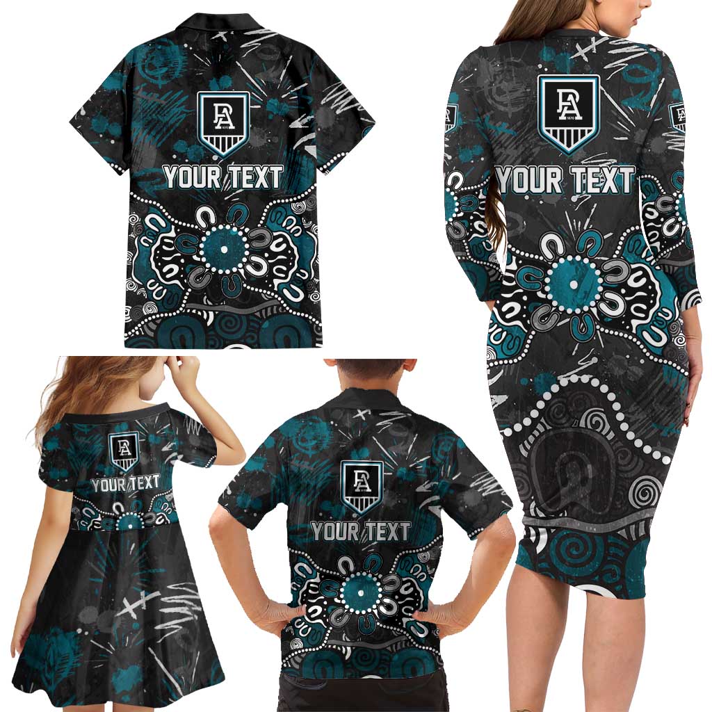 Personalized Port Adelaide Power Family Matching Long Sleeve Bodycon Dress and Hawaiian Shirt Aboriginal Dot Painting Graffiti Style