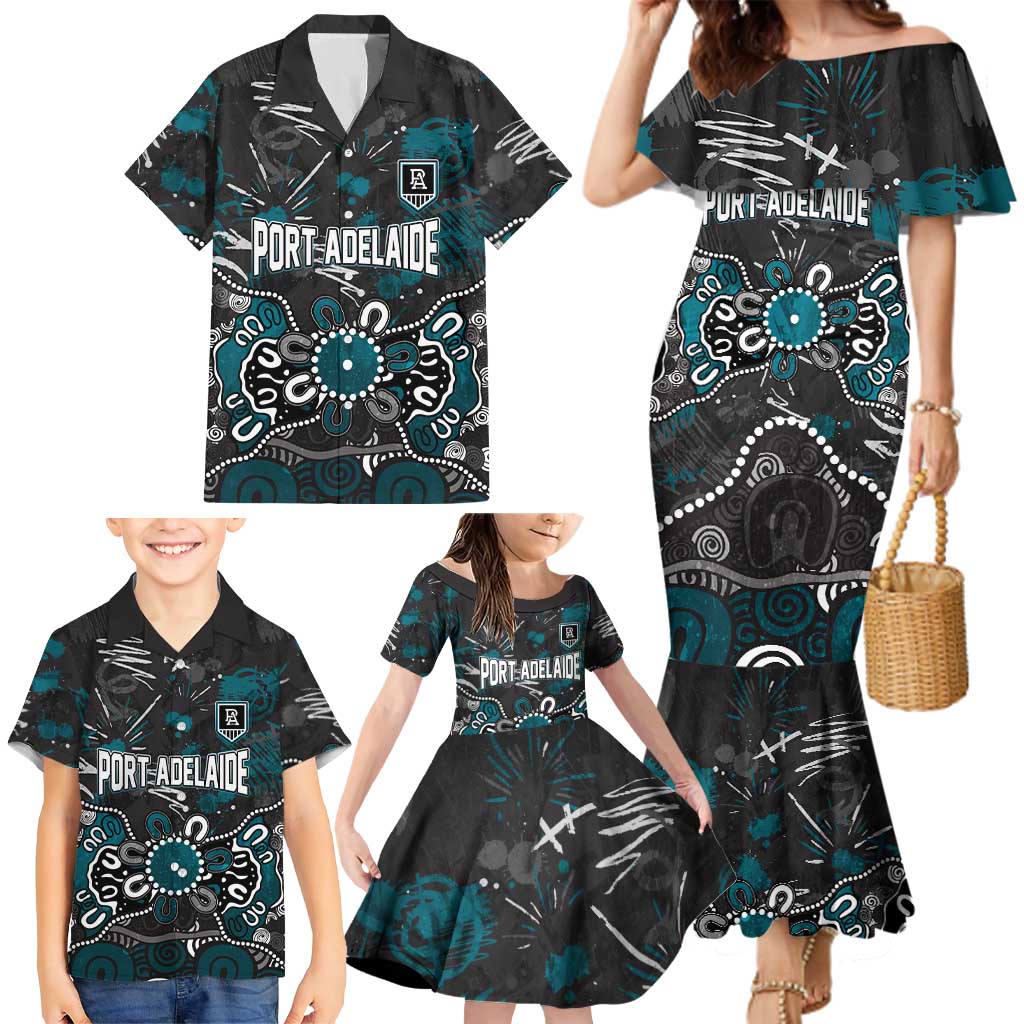 Personalized Port Adelaide Power Family Matching Mermaid Dress and Hawaiian Shirt Aboriginal Dot Painting Graffiti Style