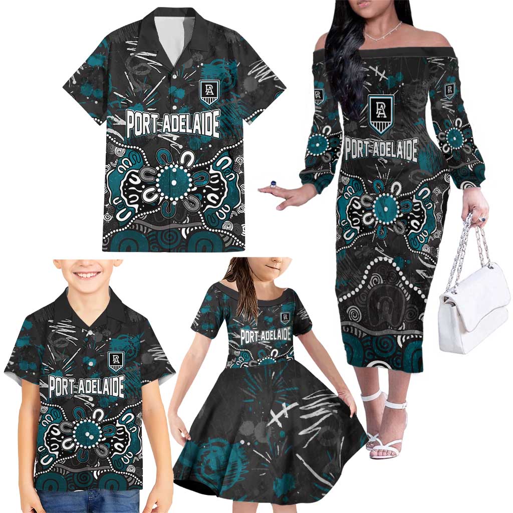 Personalized Port Adelaide Power Family Matching Off The Shoulder Long Sleeve Dress and Hawaiian Shirt Aboriginal Dot Painting Graffiti Style