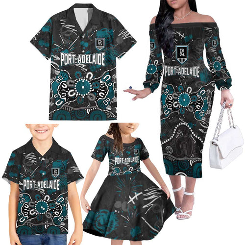Personalized Port Adelaide Power Family Matching Off The Shoulder Long Sleeve Dress and Hawaiian Shirt Aboriginal Dot Painting Graffiti Style