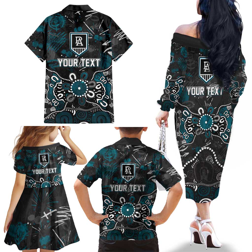 Personalized Port Adelaide Power Family Matching Off The Shoulder Long Sleeve Dress and Hawaiian Shirt Aboriginal Dot Painting Graffiti Style