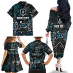 Personalized Port Adelaide Power Family Matching Off The Shoulder Long Sleeve Dress and Hawaiian Shirt Aboriginal Dot Painting Graffiti Style