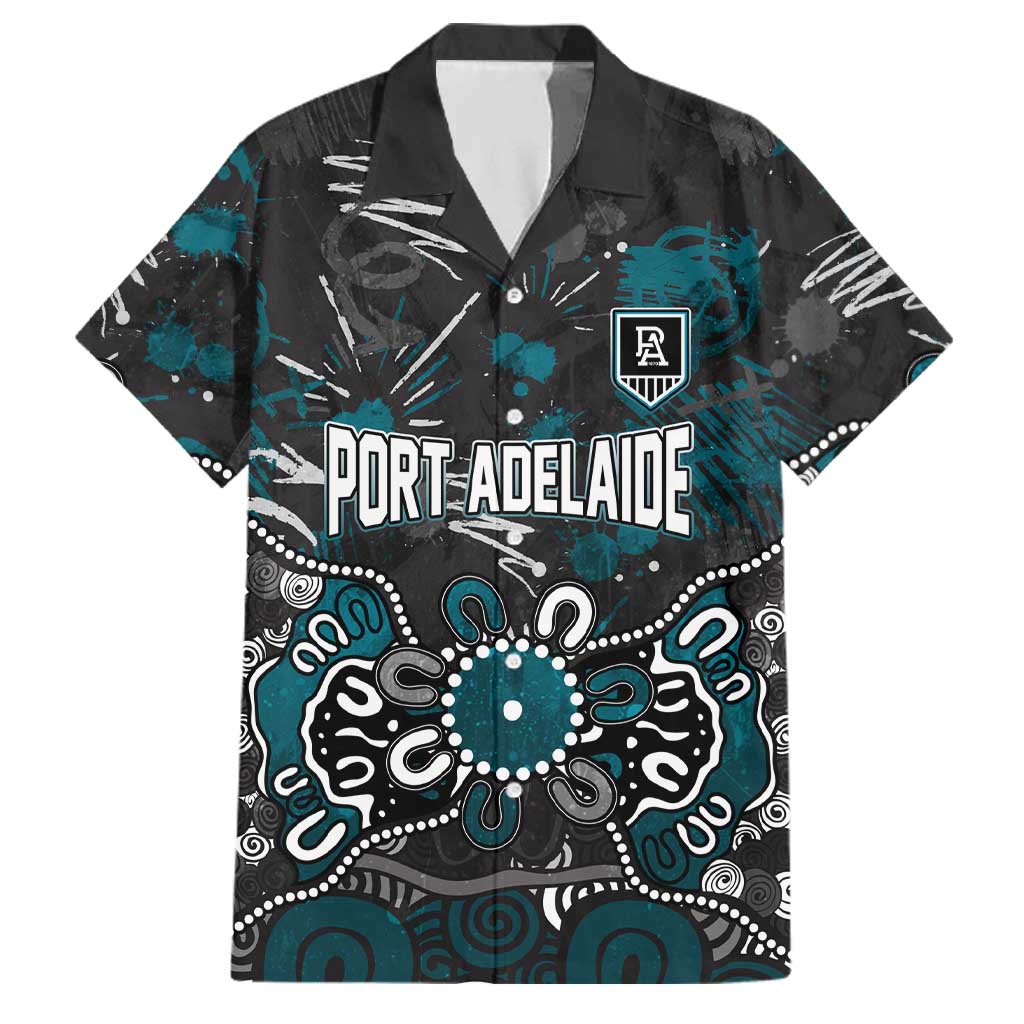 Personalized Port Adelaide Power Family Matching Off The Shoulder Long Sleeve Dress and Hawaiian Shirt Aboriginal Dot Painting Graffiti Style