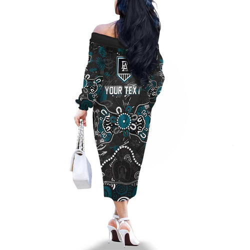 Personalized Port Adelaide Power Family Matching Off The Shoulder Long Sleeve Dress and Hawaiian Shirt Aboriginal Dot Painting Graffiti Style