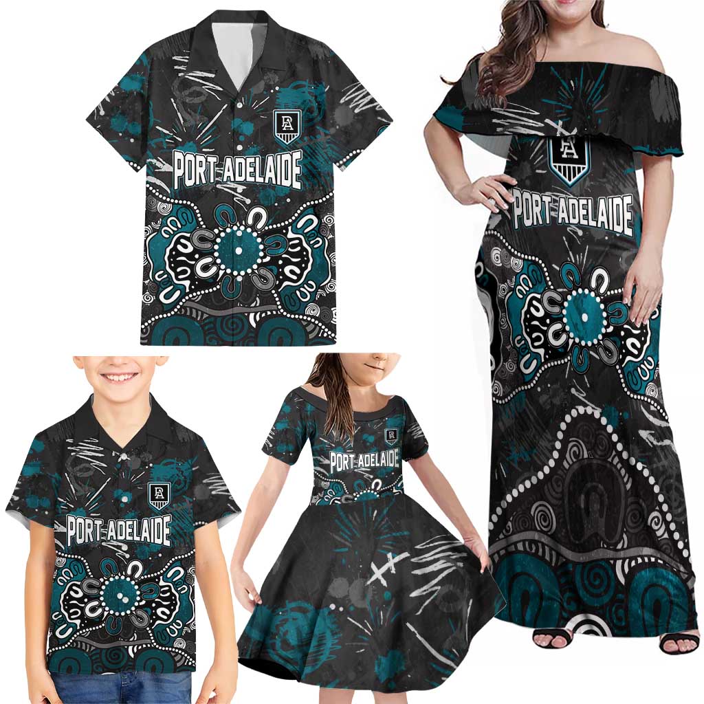 Personalized Port Adelaide Power Family Matching Off Shoulder Maxi Dress and Hawaiian Shirt Aboriginal Dot Painting Graffiti Style