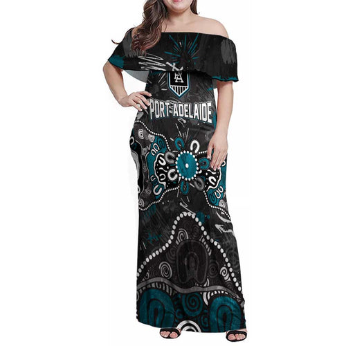 Personalized Port Adelaide Power Family Matching Off Shoulder Maxi Dress and Hawaiian Shirt Aboriginal Dot Painting Graffiti Style