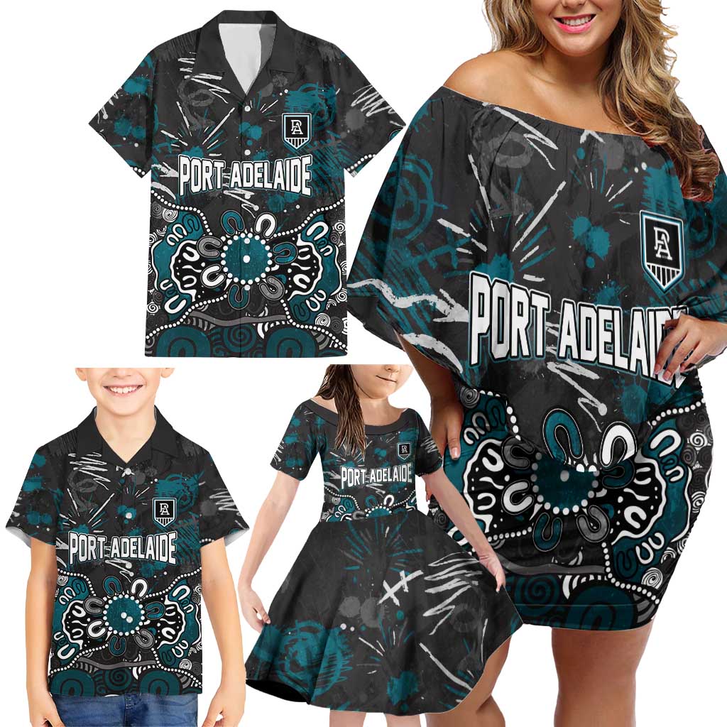 Personalized Port Adelaide Power Family Matching Off Shoulder Short Dress and Hawaiian Shirt Aboriginal Dot Painting Graffiti Style