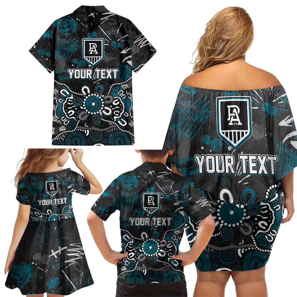 Personalized Port Adelaide Power Family Matching Off Shoulder Short Dress and Hawaiian Shirt Aboriginal Dot Painting Graffiti Style