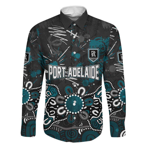 Personalized Port Adelaide Power Family Matching Off Shoulder Short Dress and Hawaiian Shirt Aboriginal Dot Painting Graffiti Style