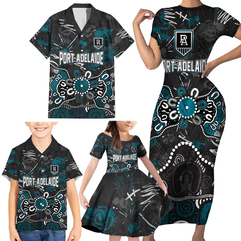 Personalized Port Adelaide Power Family Matching Short Sleeve Bodycon Dress and Hawaiian Shirt Aboriginal Dot Painting Graffiti Style