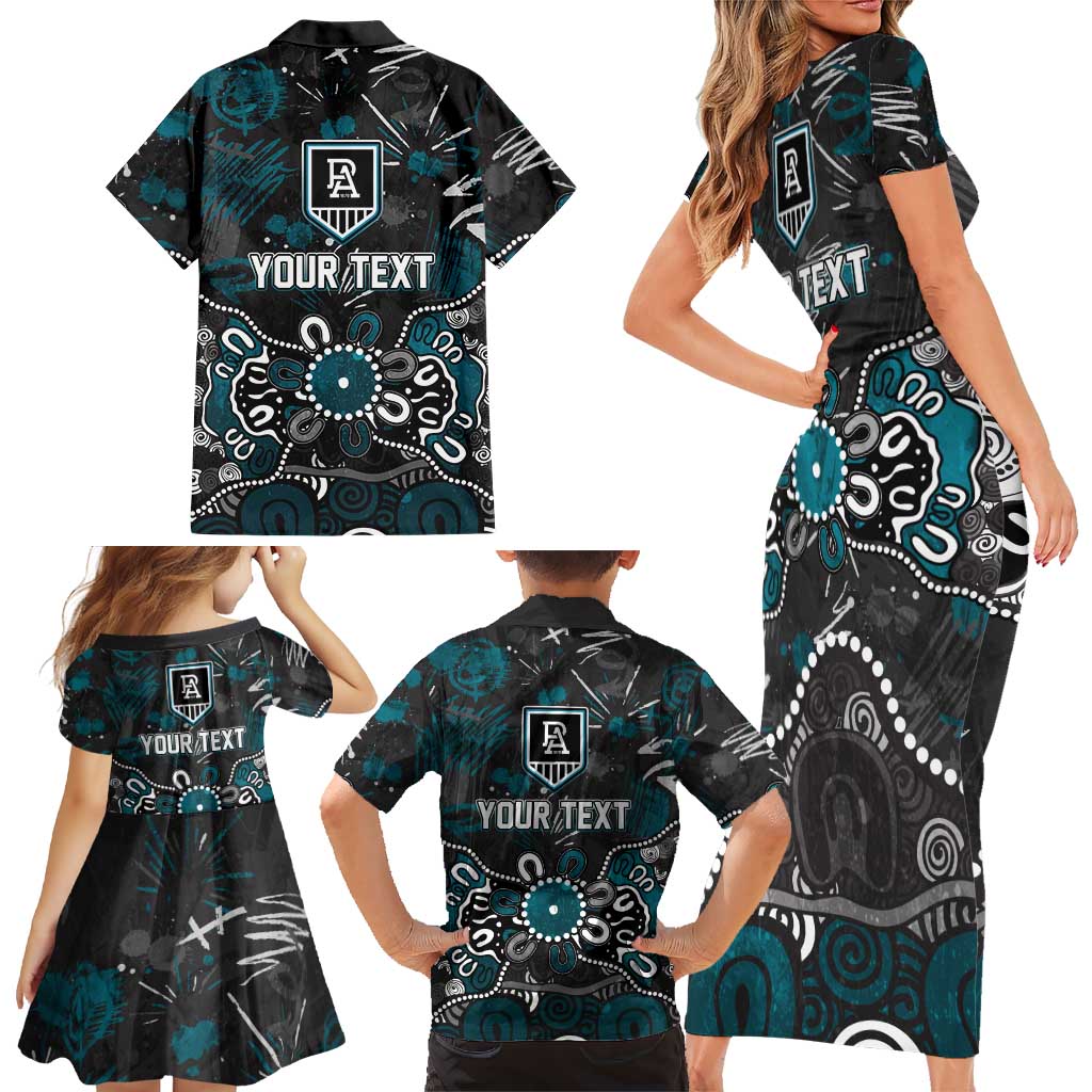 Personalized Port Adelaide Power Family Matching Short Sleeve Bodycon Dress and Hawaiian Shirt Aboriginal Dot Painting Graffiti Style