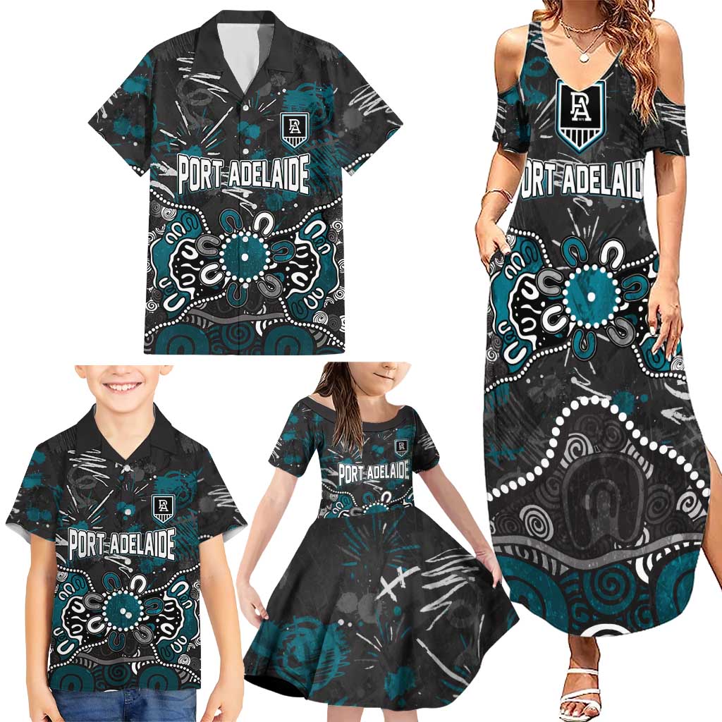Personalized Port Adelaide Power Family Matching Summer Maxi Dress and Hawaiian Shirt Aboriginal Dot Painting Graffiti Style