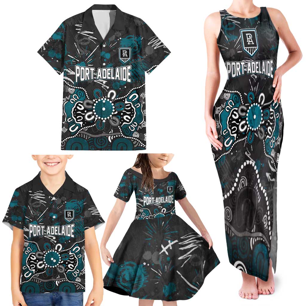 Personalized Port Adelaide Power Family Matching Tank Maxi Dress and Hawaiian Shirt Aboriginal Dot Painting Graffiti Style
