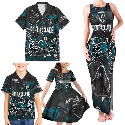 Personalized Port Adelaide Power Family Matching Tank Maxi Dress and Hawaiian Shirt Aboriginal Dot Painting Graffiti Style