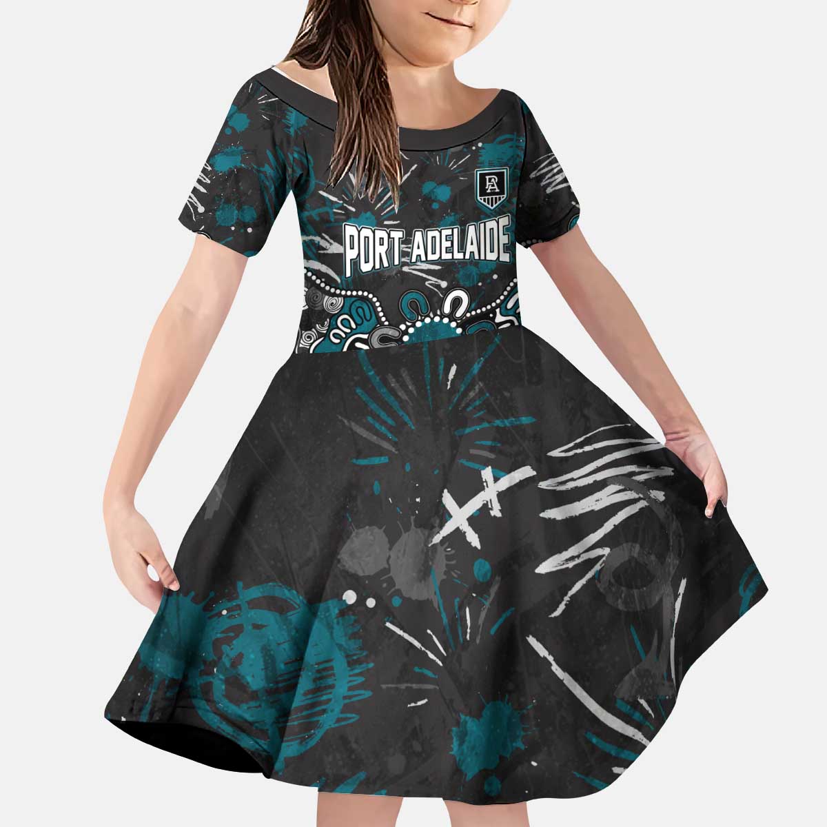 Personalized Port Adelaide Power Kid Short Sleeve Dress Aboriginal Dot Painting Graffiti Style