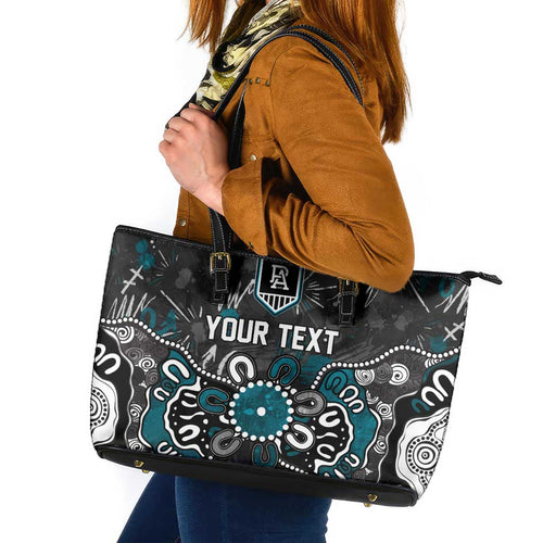 Personalized Port Adelaide Power Leather Tote Bag Aboriginal Dot Painting Graffiti Style