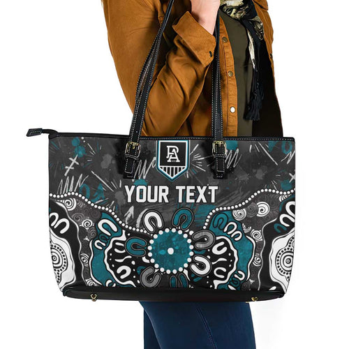 Personalized Port Adelaide Power Leather Tote Bag Aboriginal Dot Painting Graffiti Style