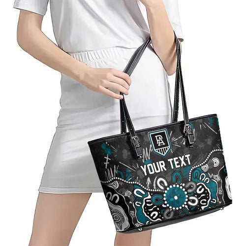 Personalized Port Adelaide Power Leather Tote Bag Aboriginal Dot Painting Graffiti Style