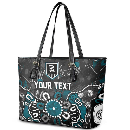 Personalized Port Adelaide Power Leather Tote Bag Aboriginal Dot Painting Graffiti Style