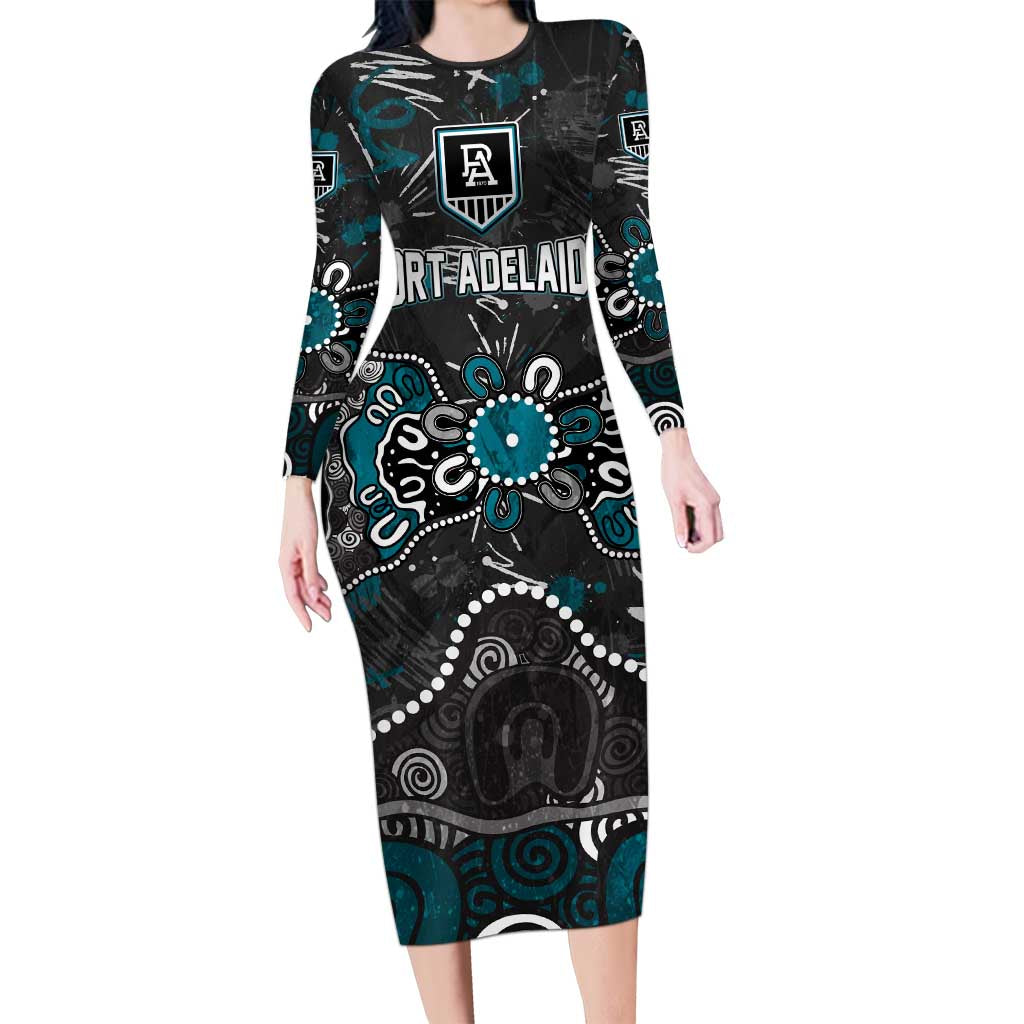 Personalized Port Adelaide Power Long Sleeve Bodycon Dress Aboriginal Dot Painting Graffiti Style