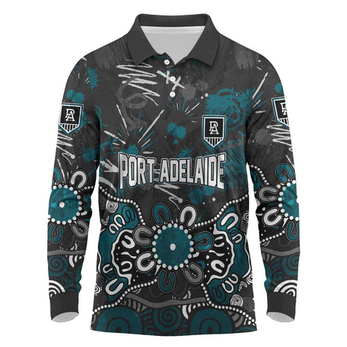 Personalized Port Adelaide Power Long Sleeve Polo Shirt Aboriginal Dot Painting Graffiti Style
