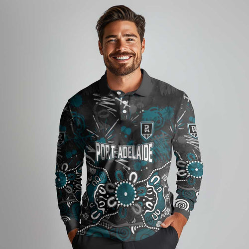 Personalized Port Adelaide Power Long Sleeve Polo Shirt Aboriginal Dot Painting Graffiti Style