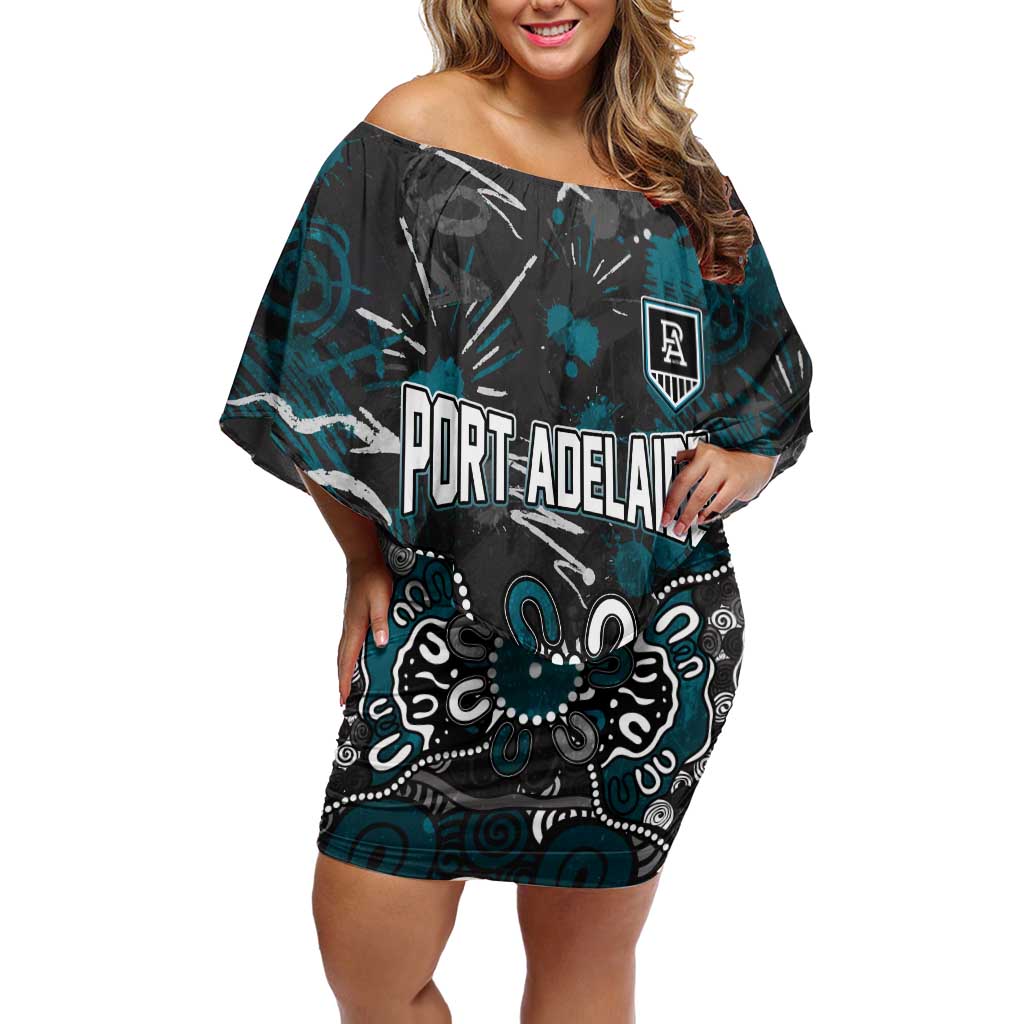 Personalized Port Adelaide Power Off Shoulder Short Dress Aboriginal Dot Painting Graffiti Style
