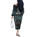 Personalized Port Adelaide Power Off The Shoulder Long Sleeve Dress Aboriginal Dot Painting Graffiti Style